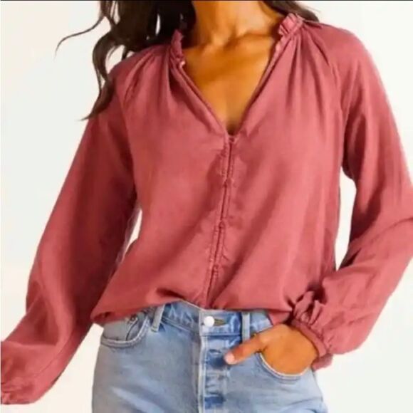 NWT Anthro Cloth & Stone Raglan Ruffle Neck Blouse in Blue/Green Size: M - Picture 6 of 16